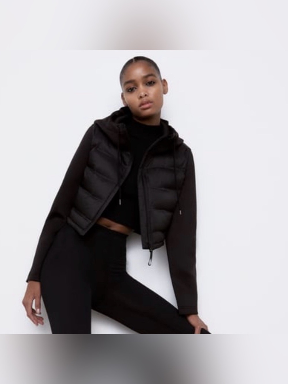Zara Black Cropped Hooded Puffer Jacket Size XS